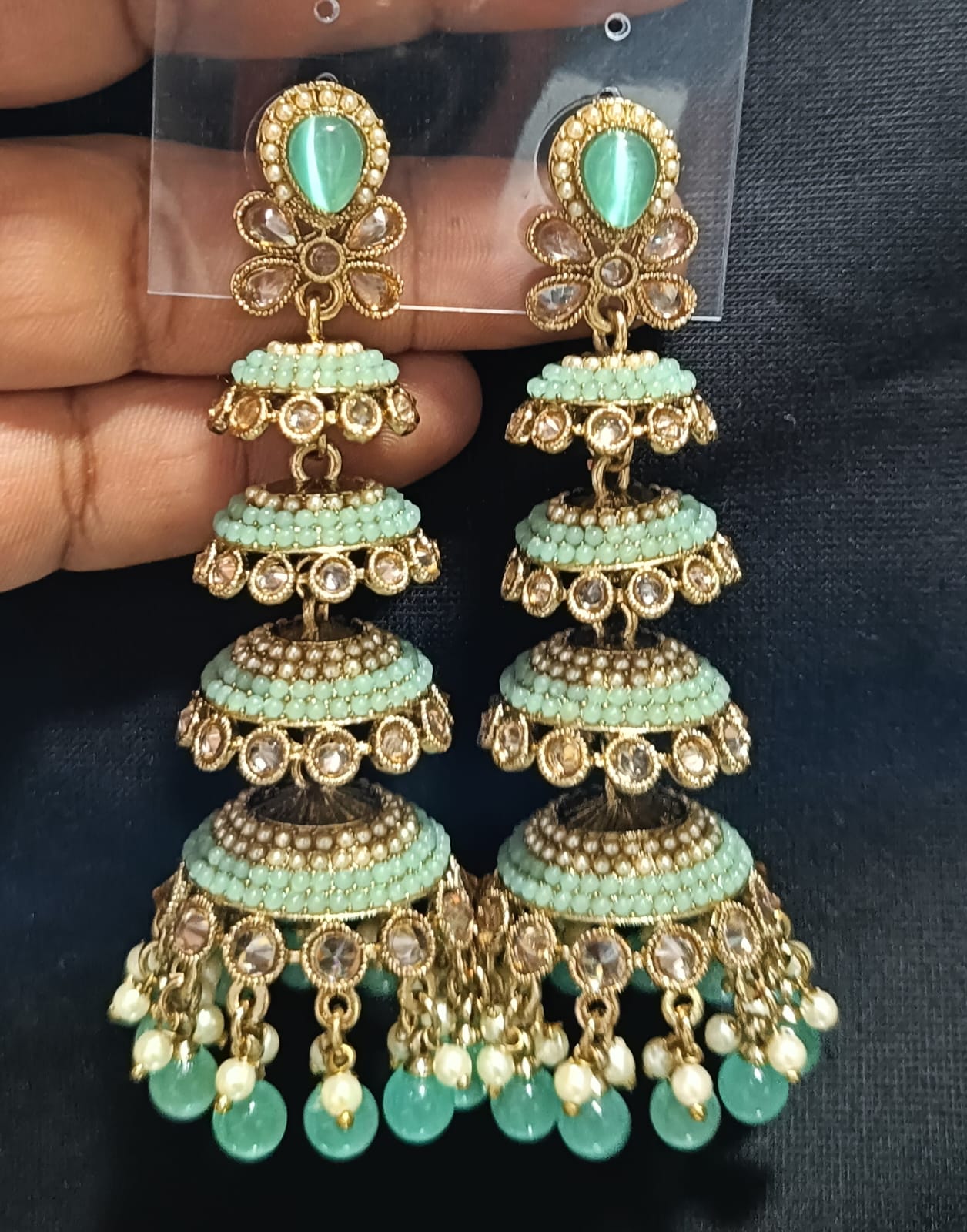 Multi-Tier CZ Jhumka Earrings with Dangling Beads - Lucentemarket