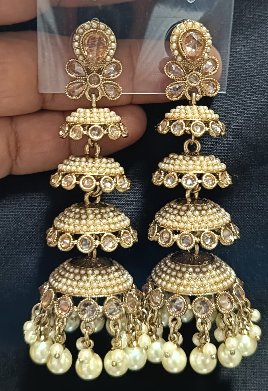 Multi-Tier CZ Jhumka Earrings with Dangling Beads - Lucentemarket