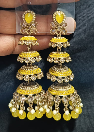 Multi-Tier CZ Jhumka Earrings with Dangling Beads - Lucentemarket