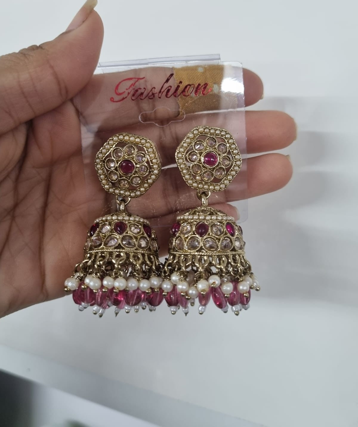 Maroon Antique Gold Jhumkha Earrings
