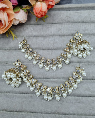 Square Stud Pearl Jhumkas with Ear-to-Hair Chains