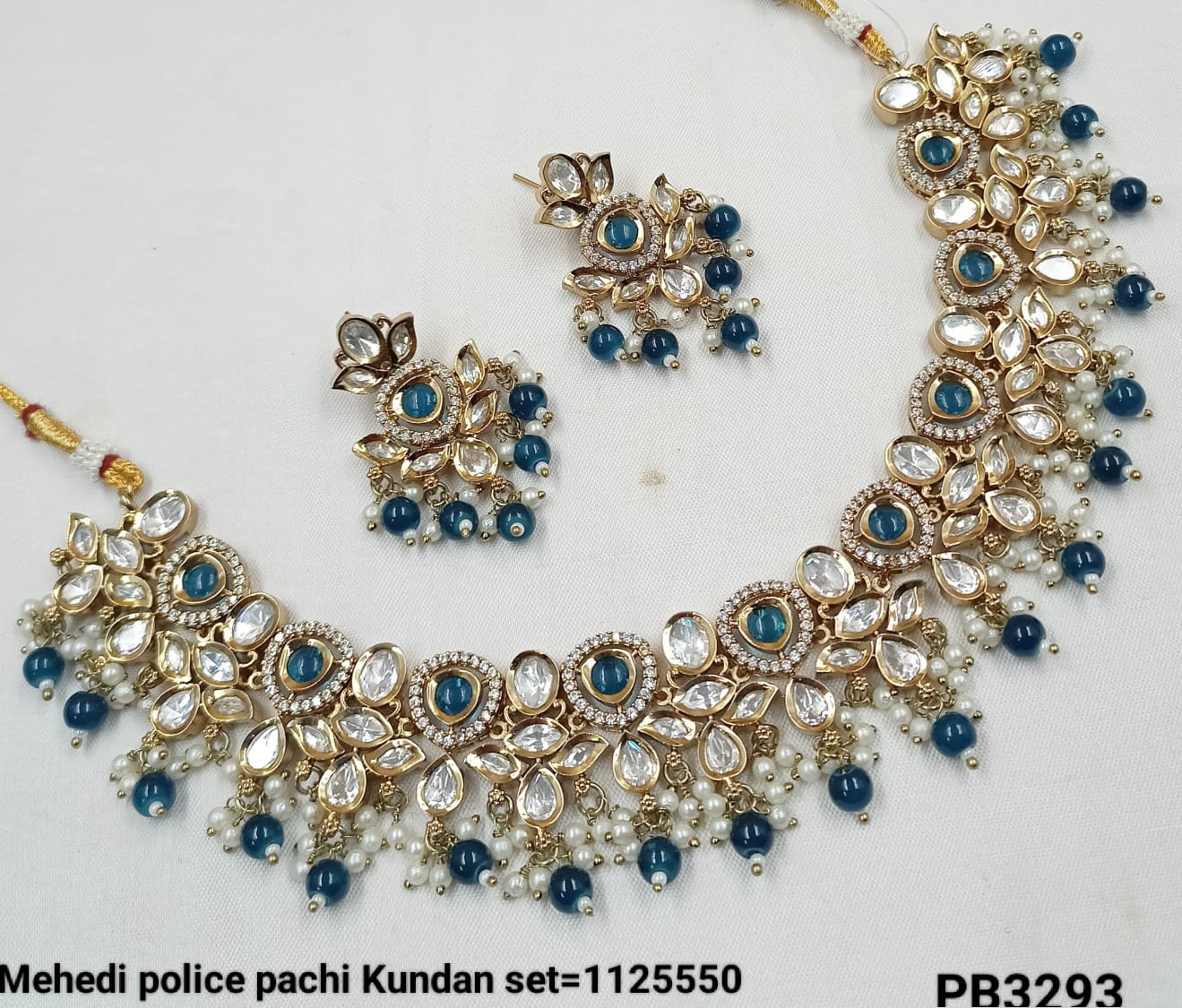 Antique Gold Polish Pachi Kundan Necklace & Earring Set with Stone and Pearl Detailing
