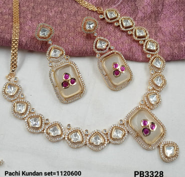 Pachi Kundan Necklace & Earring Set with Rectangular Centerpiece and Stone Detailing