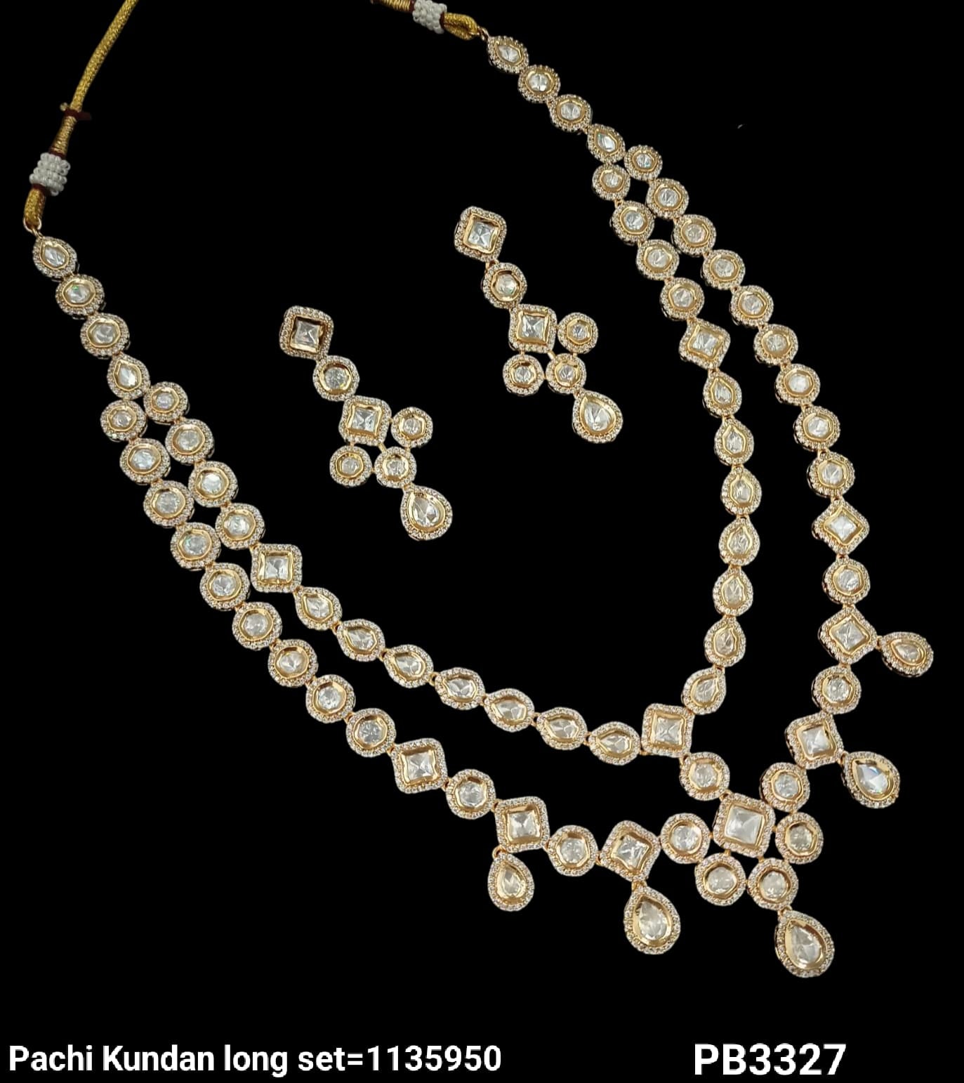 Elegant Double Layer Pachi Kundan Long Necklace Set with Matching Earrings