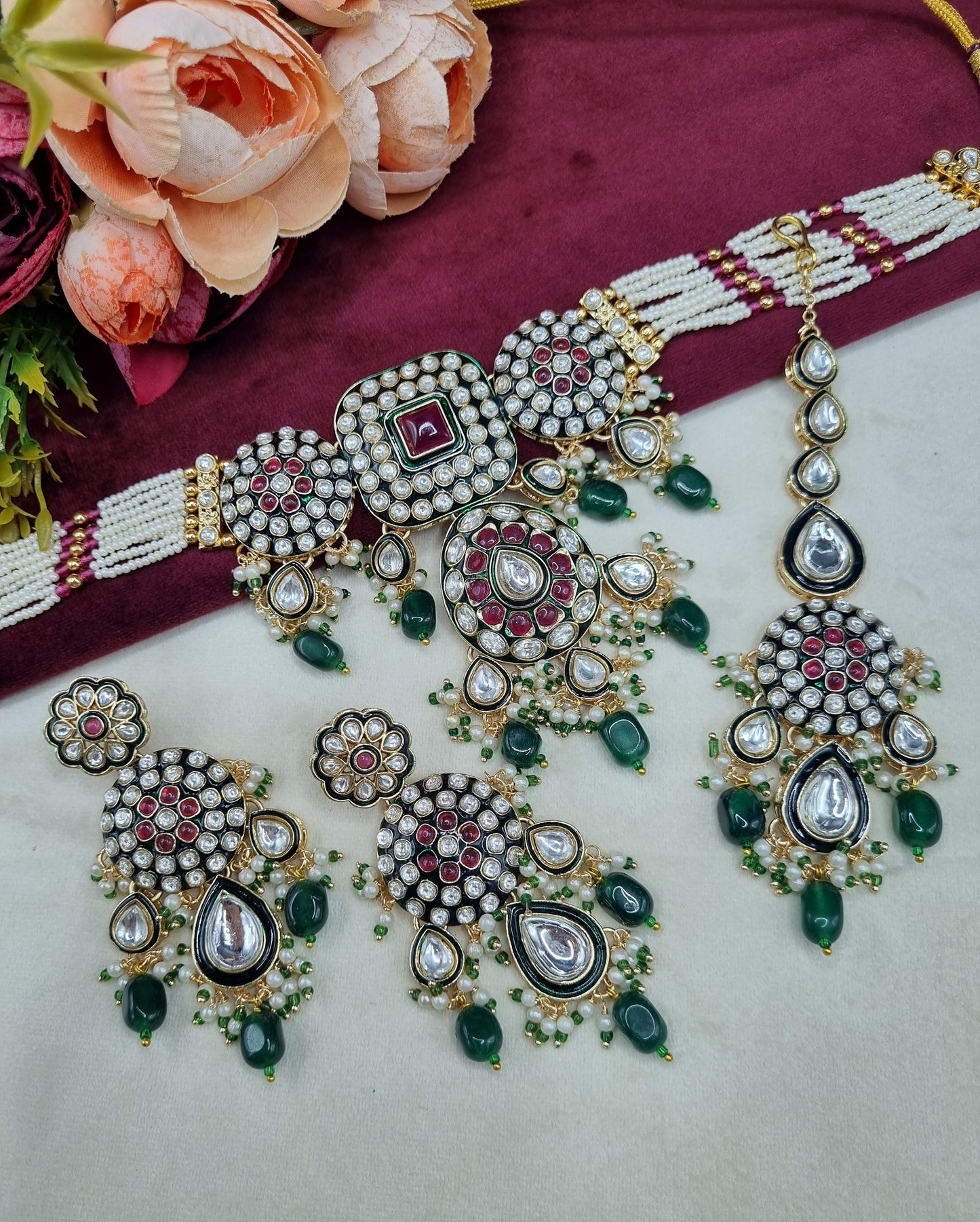 Royal Kundan & Pearl Choker Necklace Set with Maang Tikka & Earrings