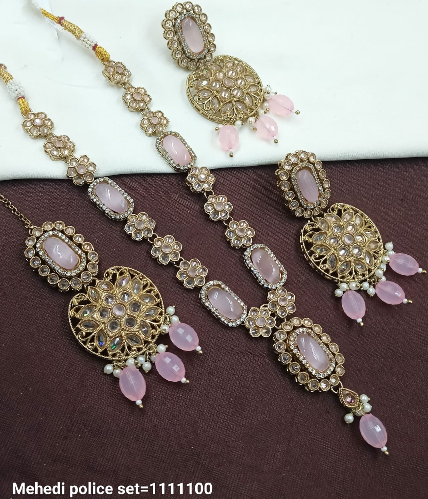 Elegant Kundan Jewelry Set With Necklace Drop Earrings And Tikka For Woman