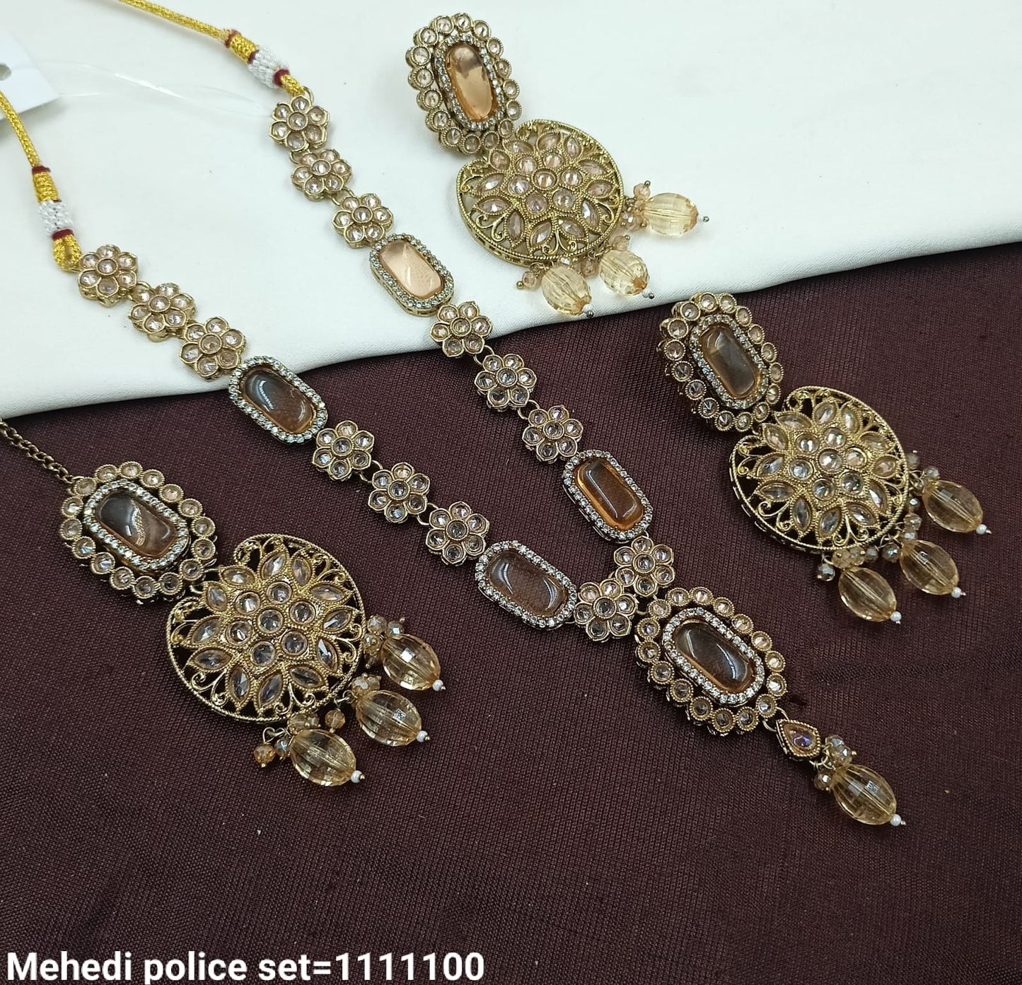 Elegant Kundan Jewelry Set With Necklace Drop Earrings And Tikka For Woman