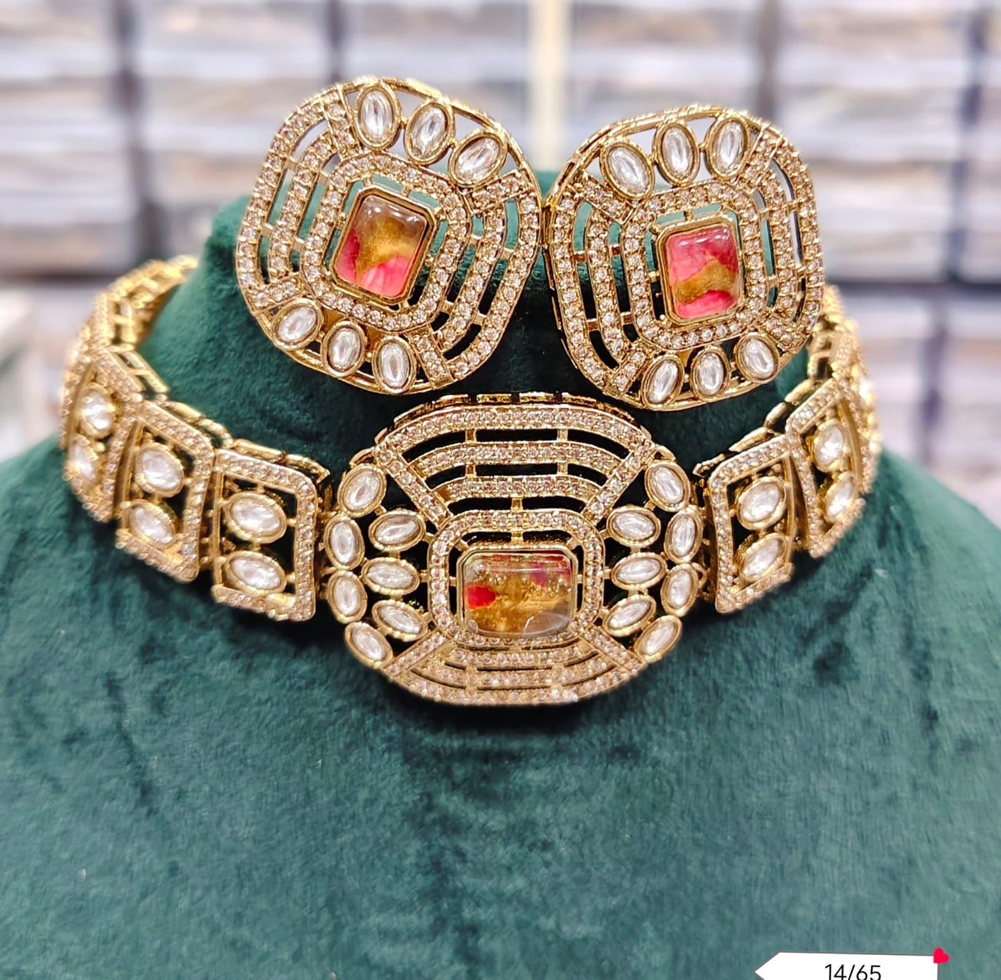 Geometric Choker Necklace and Earring Set with Antique Finish