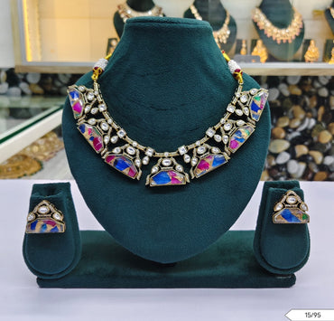 Multicolor Kundan Stone Choker Necklace Set with Matching Earrings