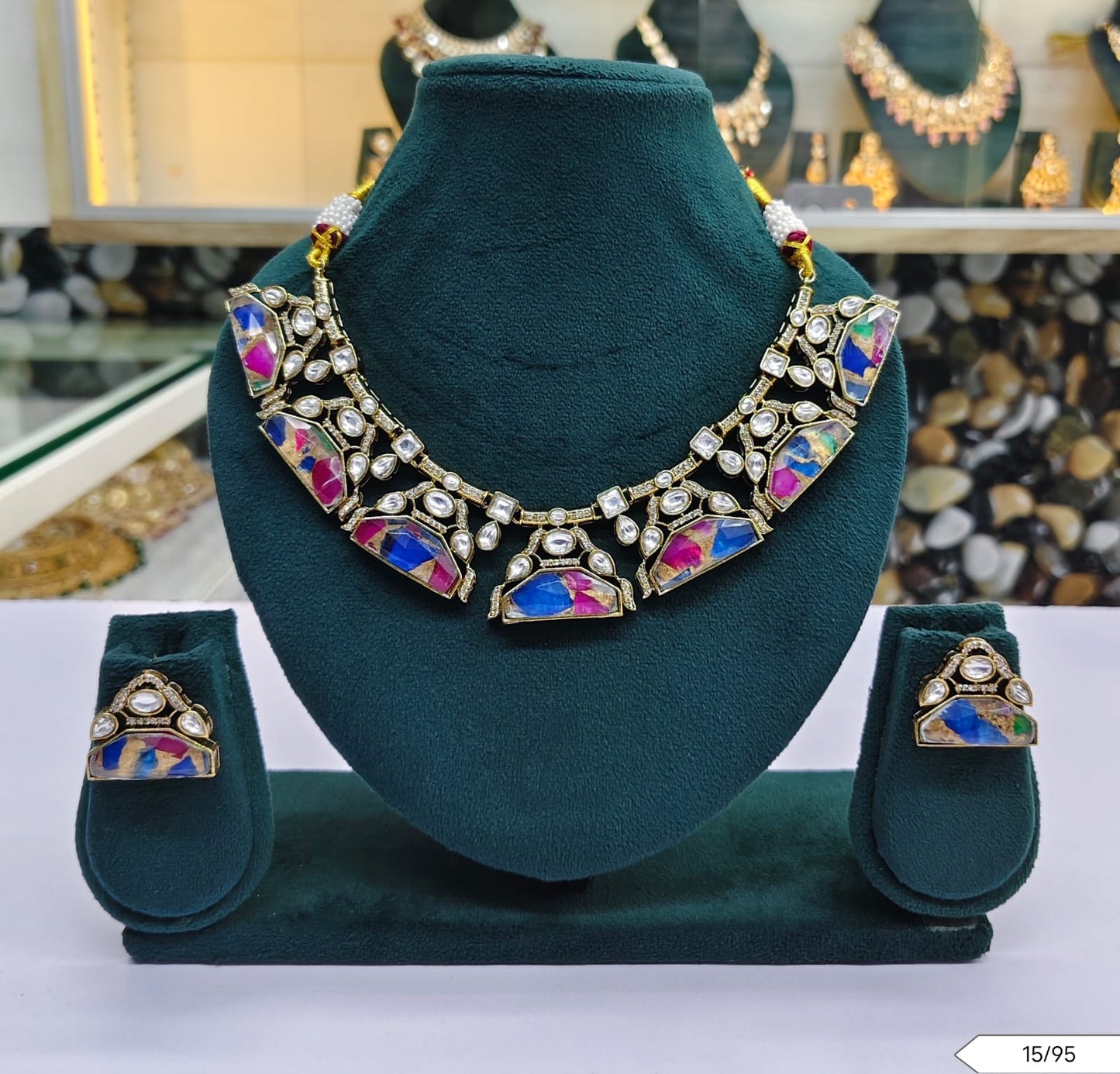 Multicolor Kundan Stone Choker Necklace Set with Matching Earrings