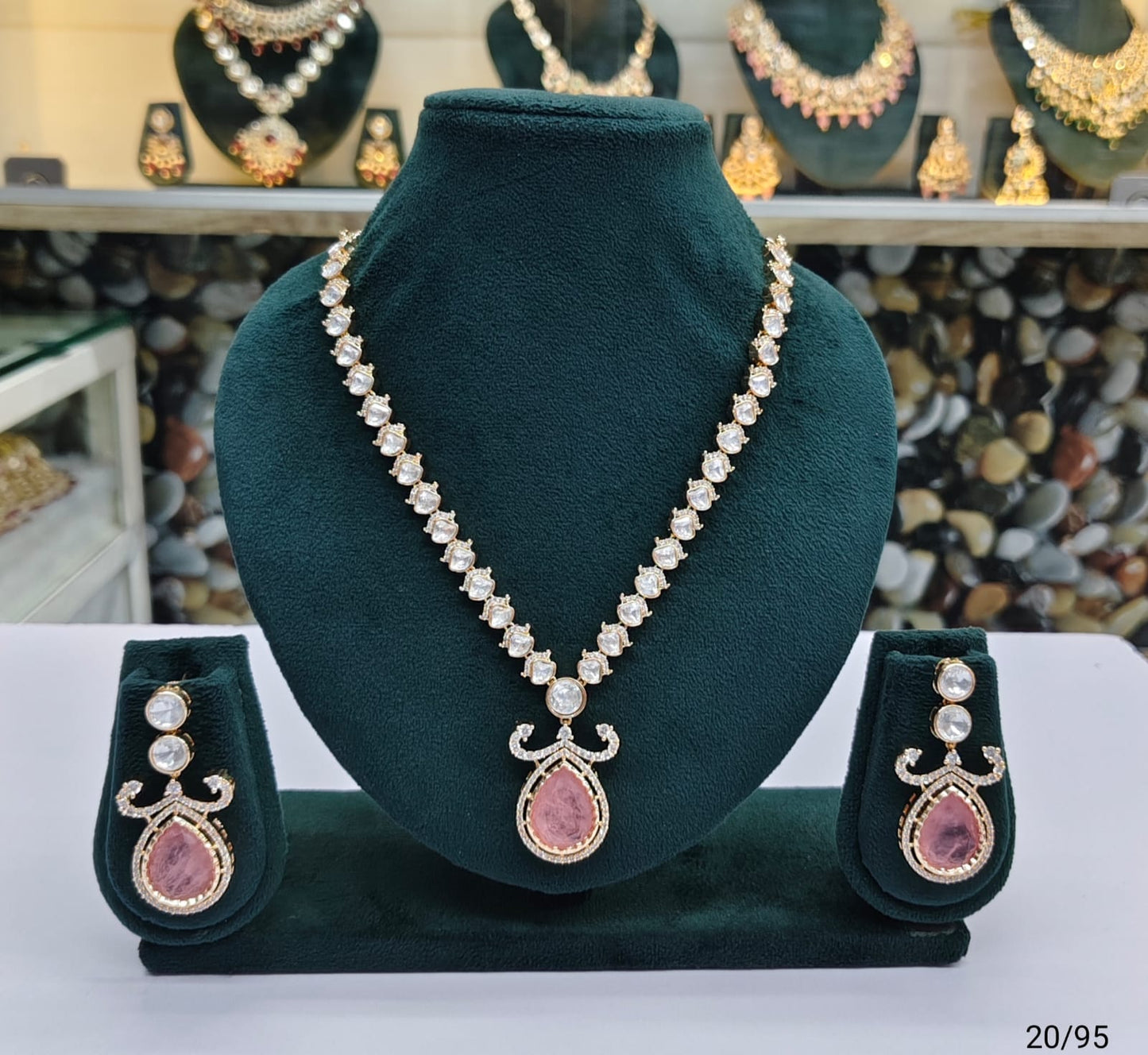 Kundan Stone Necklace Set with Teardrop Pendant and Matching Earrings – Bridal & Party Jewelry