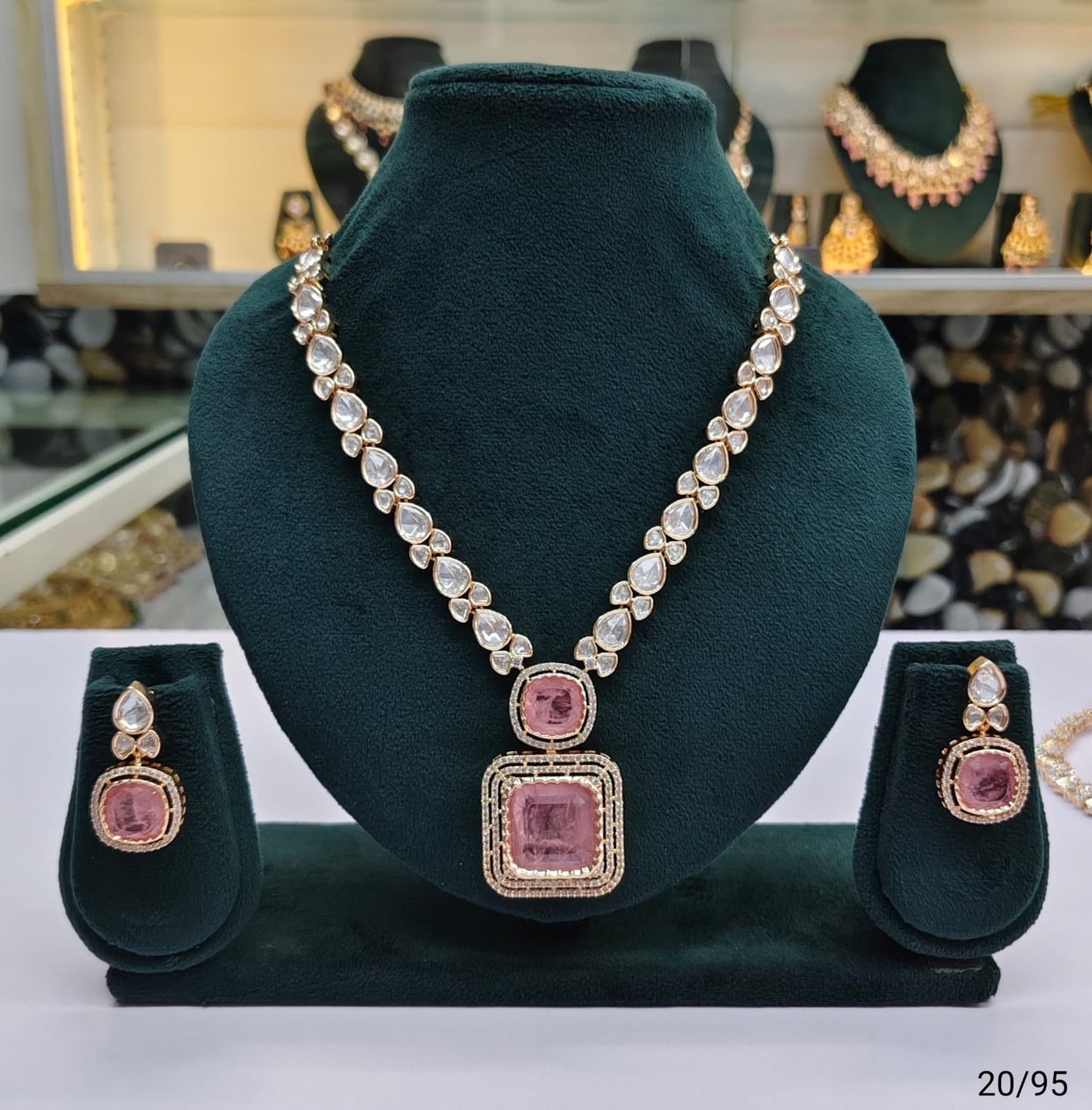 Classic Kundan Necklace Set with Dual Stone Pendant and Drop Earrings