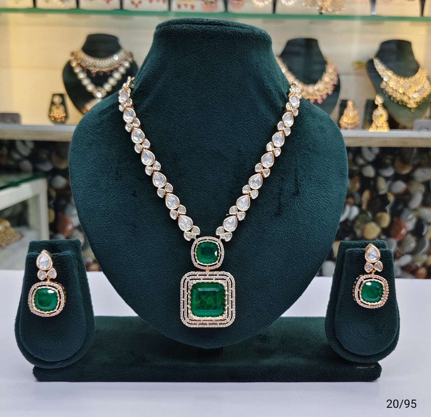 Classic Kundan Necklace Set with Dual Stone Pendant and Drop Earrings