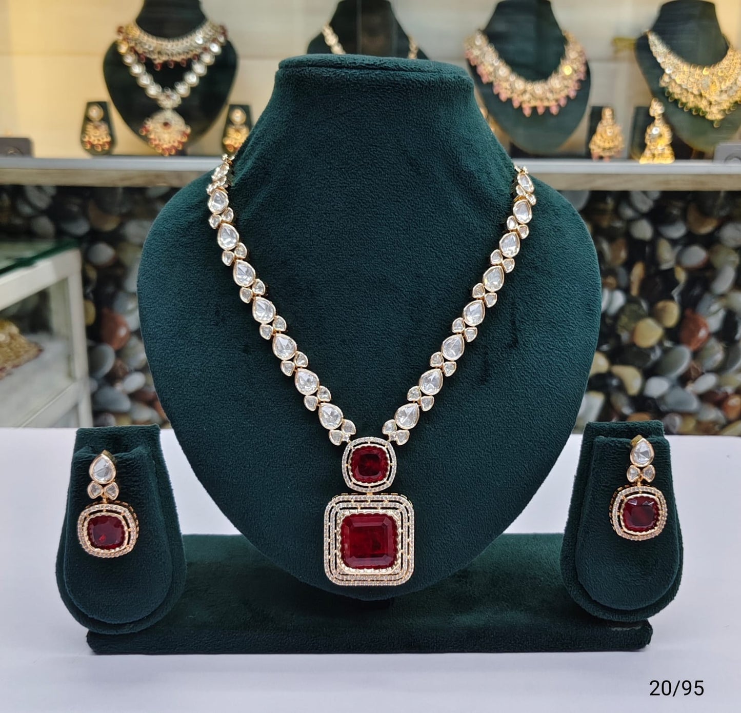 Classic Kundan Necklace Set with Dual Stone Pendant and Drop Earrings
