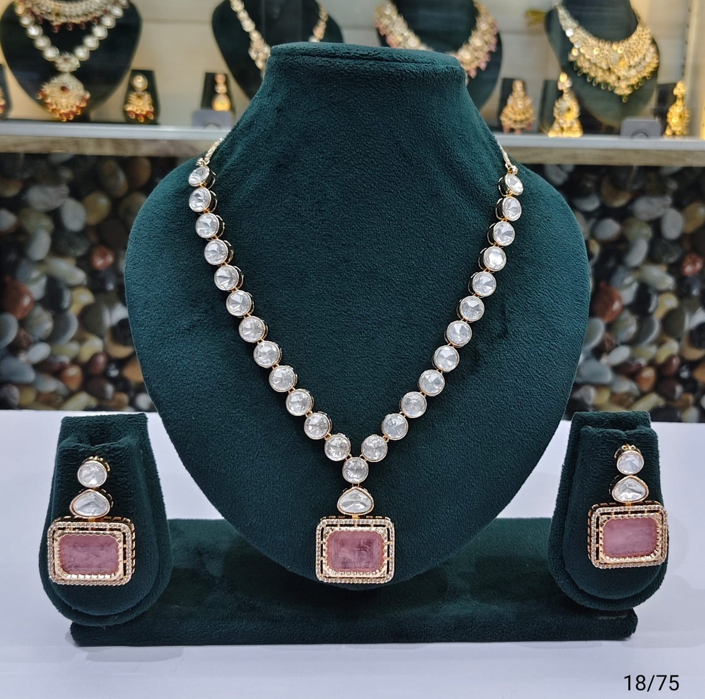 Classic Kundan Stone Necklace Set with Rectangular Pendant and Matching Earrings