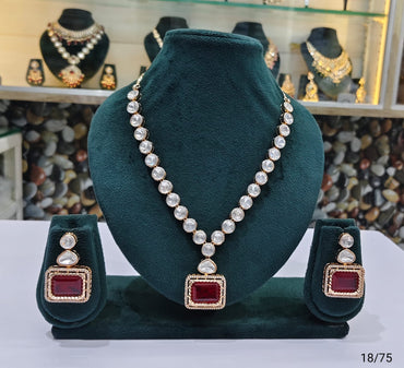 Classic Kundan Stone Necklace Set with Rectangular Pendant and Matching Earrings