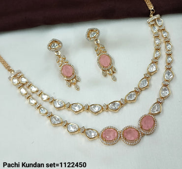 Elegant Double Layered Pachi Kundan Necklace Set with Designer Earrings