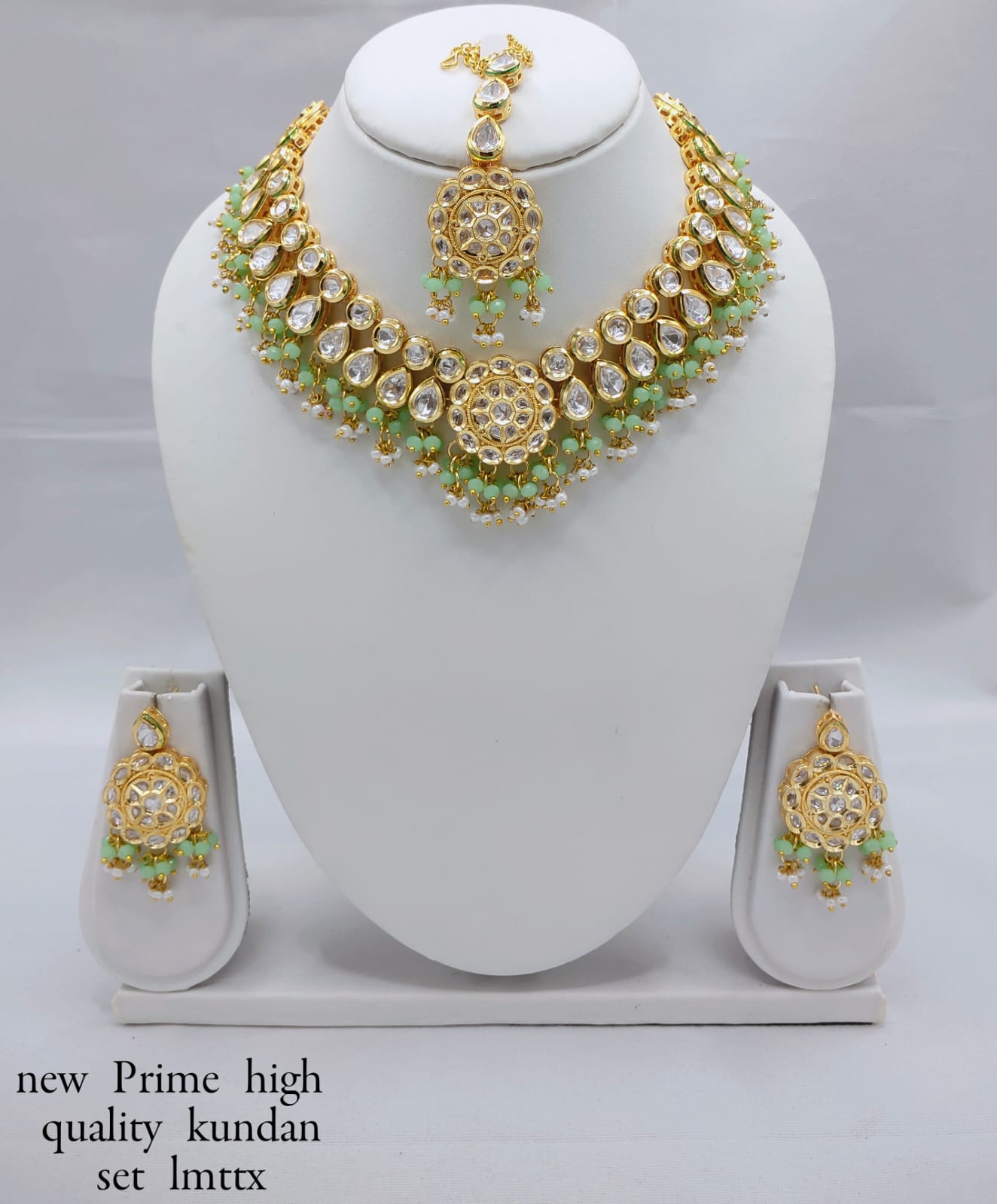Antique Gold-Plated Kundan Necklace Set with Hanging Pearls & Beads – Earrings & Maang Tikka Included