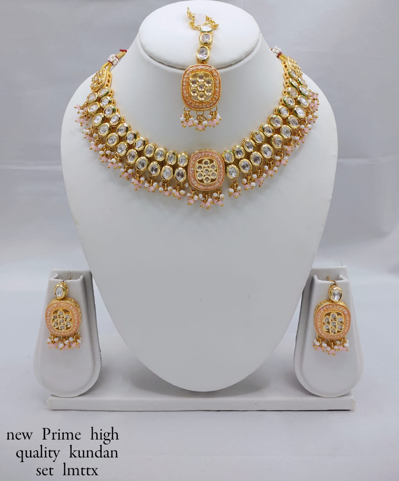 Antique Gold-Plated Kundan Necklace Set with Hanging Pearls & Beads – Earrings & Maang Tikka Included