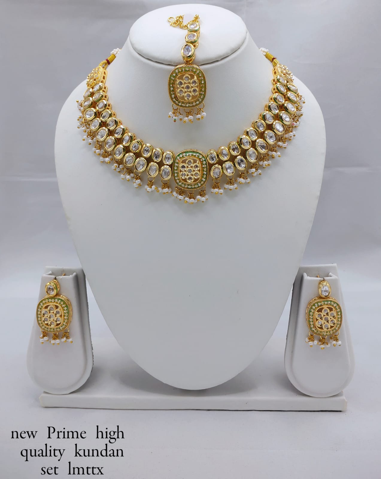 Antique Gold-Plated Kundan Necklace Set with Hanging Pearls & Beads – Earrings & Maang Tikka Included