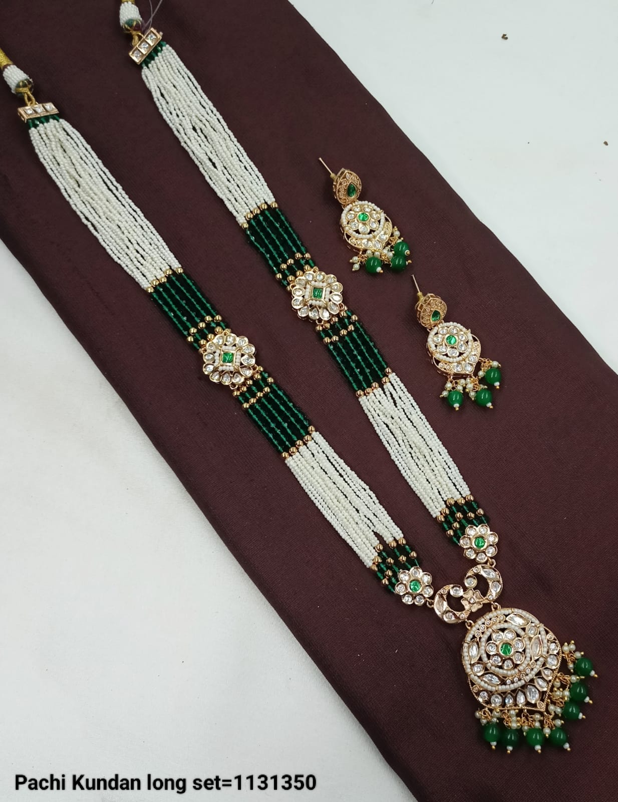 Pachi Kundan Long Necklace Set with Floral Centerpiece & Matching Earrings - Lucentemarket