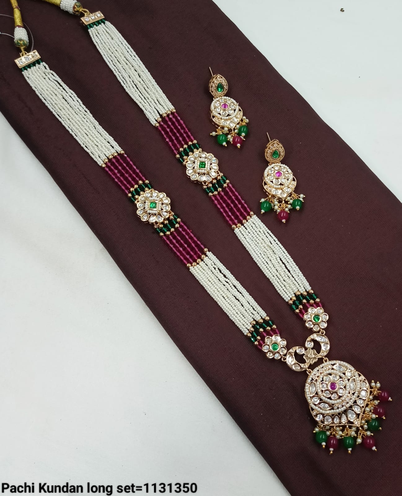 Pachi Kundan Long Necklace Set with Floral Centerpiece & Matching Earrings - Lucentemarket