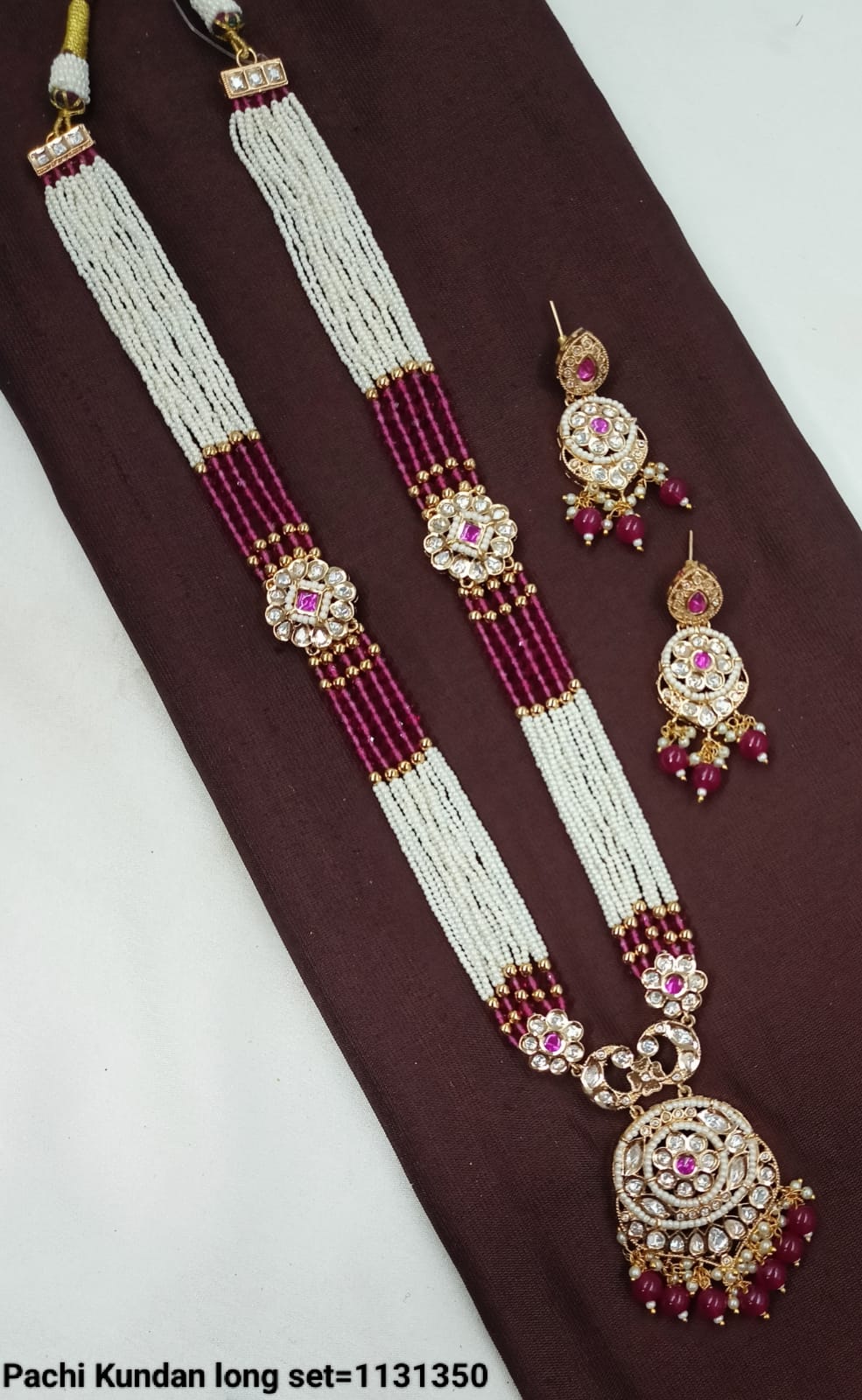 Pachi Kundan Long Necklace Set with Floral Centerpiece & Matching Earrings - Lucentemarket