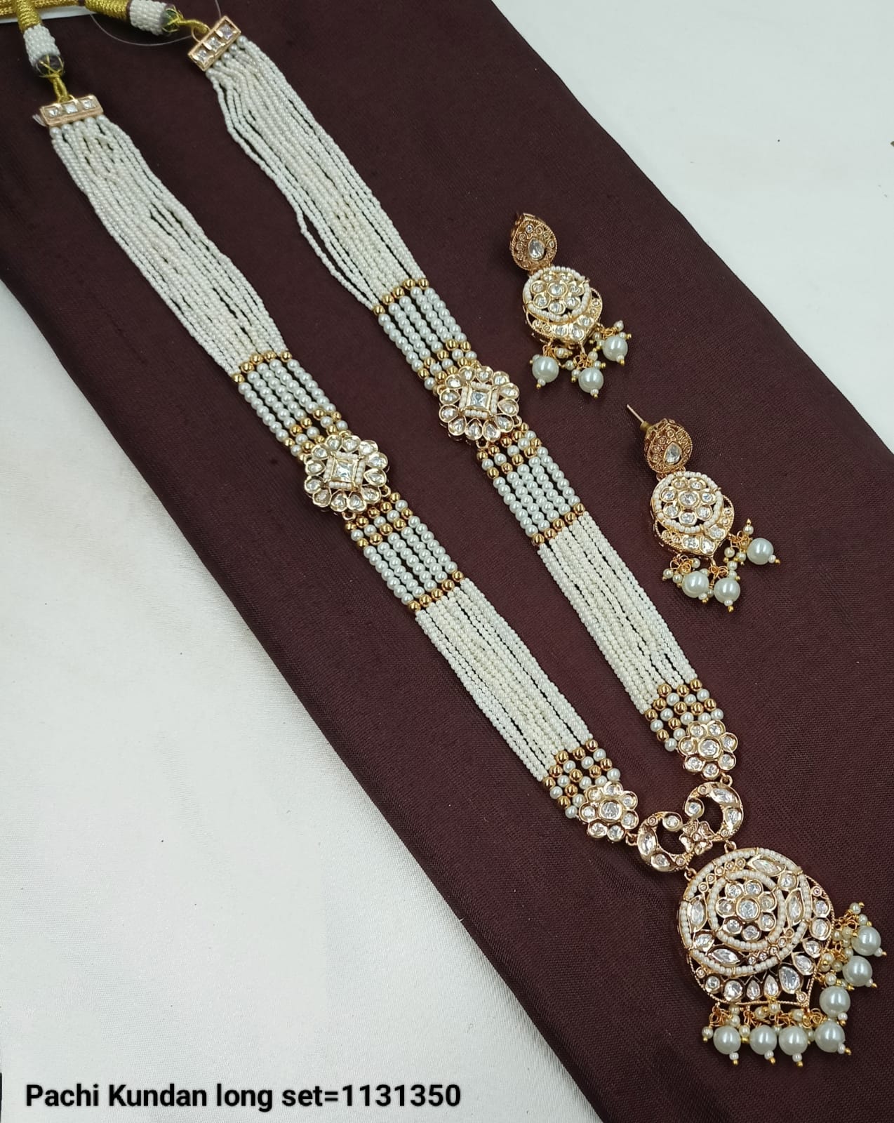 Pachi Kundan Long Necklace Set with Floral Centerpiece & Matching Earrings - Lucentemarket
