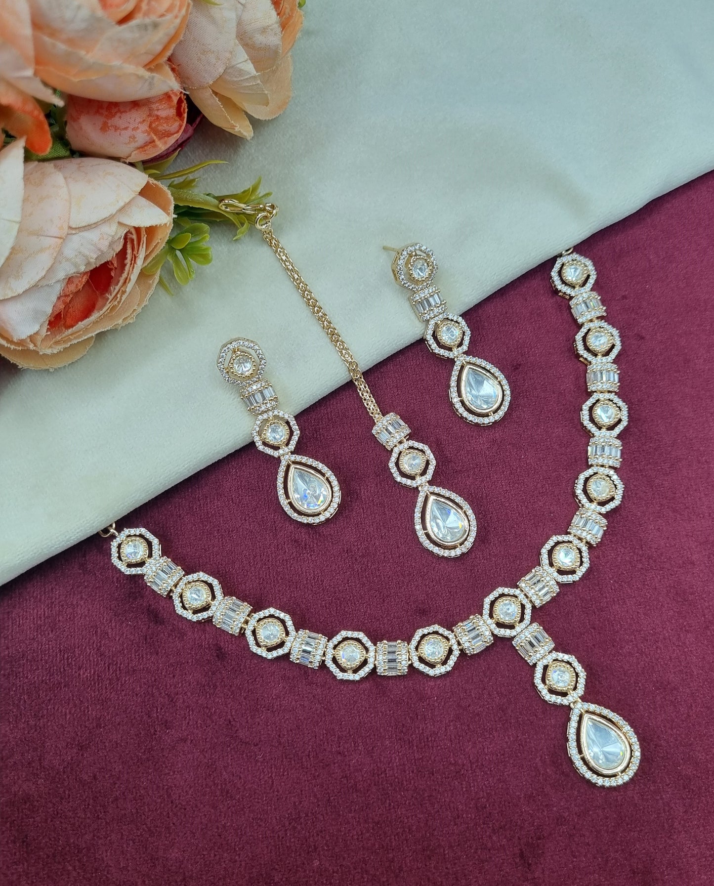 Elegant Teardrop Choker Set with Matching Tikka & Earrings