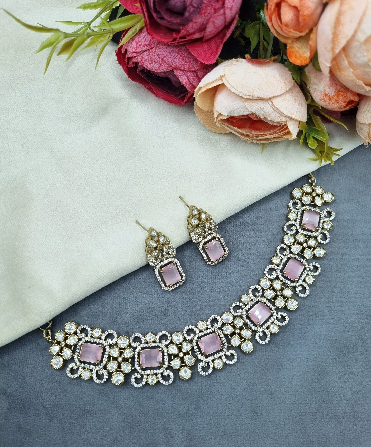 Statement Cushion Gemstone Choker Set with Pavé Floral Accents