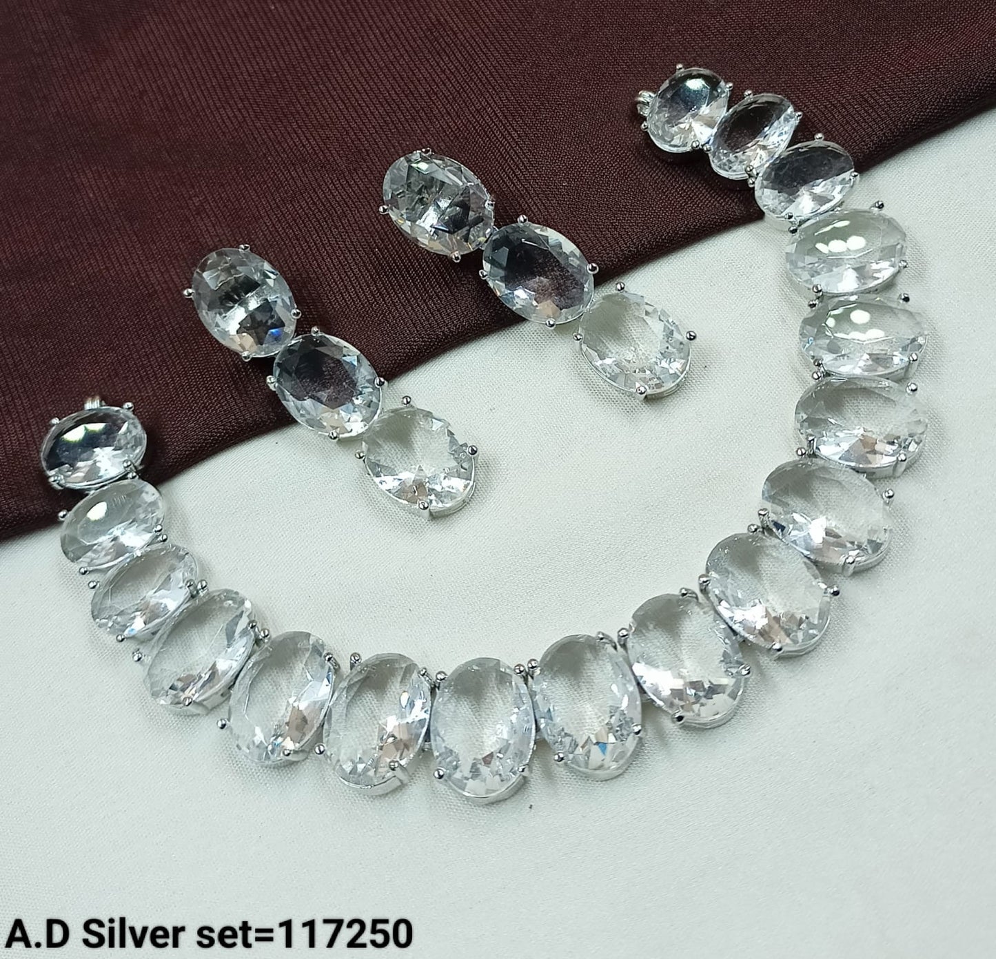 Silver Plated Oval American Diamond Necklace Set