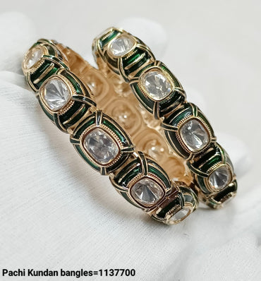 Elegant Pachi Kundan Bangles – Traditional Indian Jewelry with Green Enamel & Polki Stones