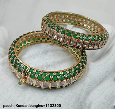 Emerald Green Pachi Kundan Bangles with Mirror Polki Detailing – Bridal Jewelry