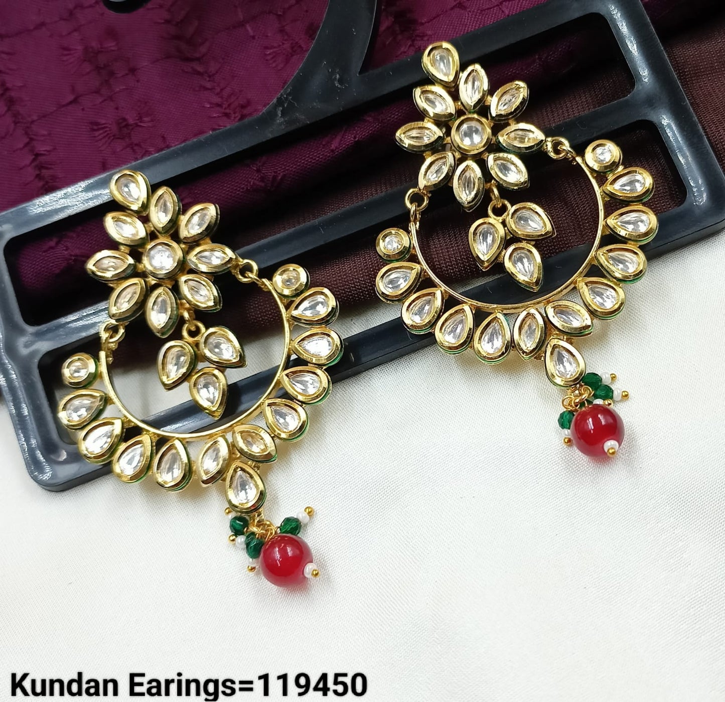 Elegant Kundan Hoop Earrings with Floral Design and Drop Bead – Traditional Indian Jewelry