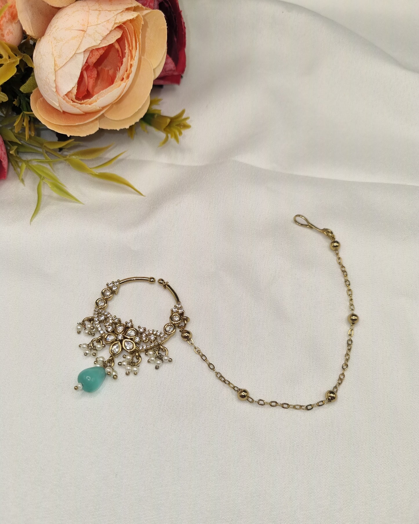 TRADITIONAL KUNDAN & DROP BEAD NOSE RING WITH HAIR CHAIN