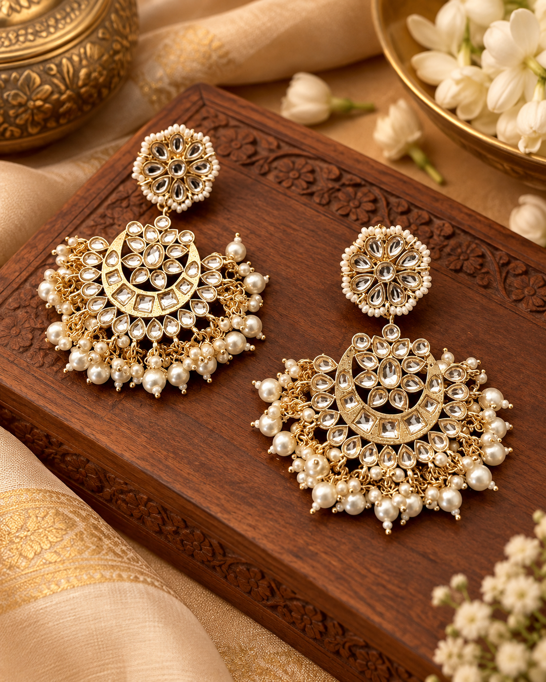 Traditional Royal Stylel Chandbali Pearl Crescent Drop Earrings