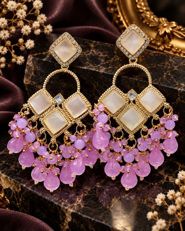Square Stone Earrings Gold Plated Geometric Drop Dangles