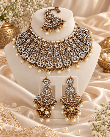 Antique Finish Broad Bridal Choker Necklace Set with Jhumka Earrings & Maang Tikka
