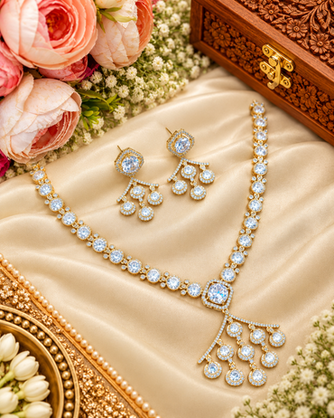 Minimalist Stone-Studded Ethnic Necklace Set with Drop Earrings