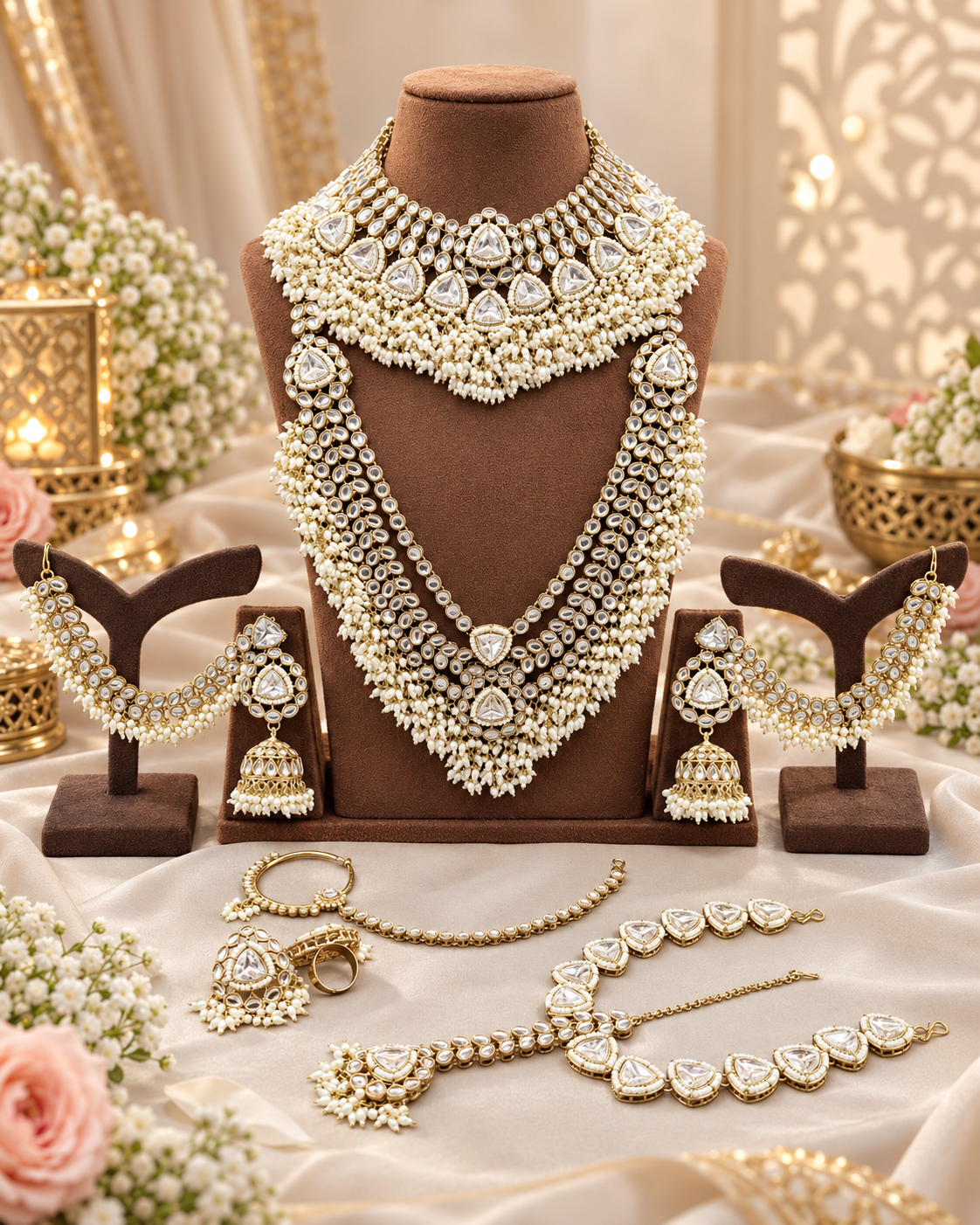 Complete Bridal Kundan Jewelry Set with Choker, Rani Haar, Matha Patti & Accessories