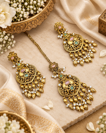 Antique Gold Earrings & Maangtikka Set