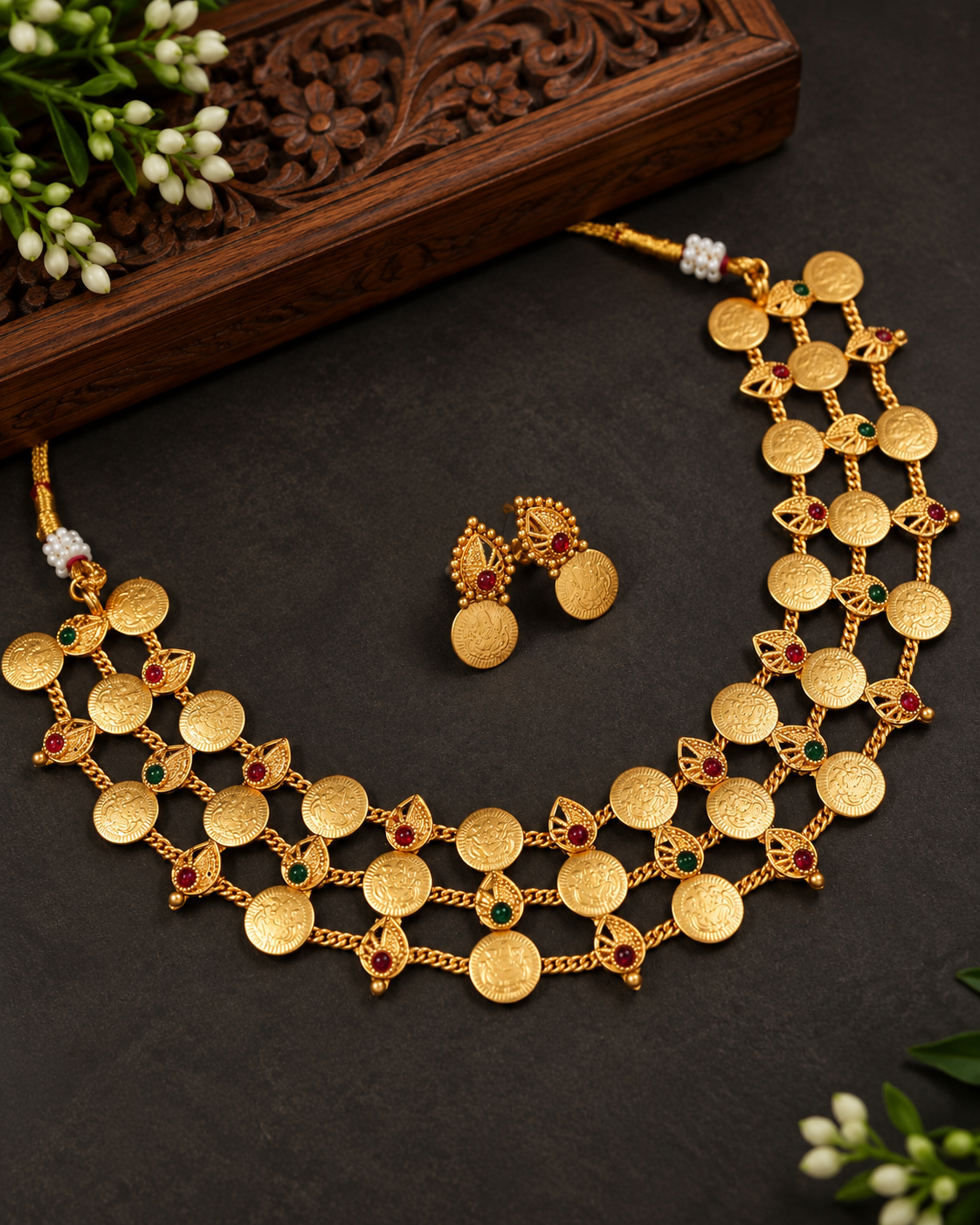 Double Layer Lakshmi Kasu Mala with Ruby Leaf Accents