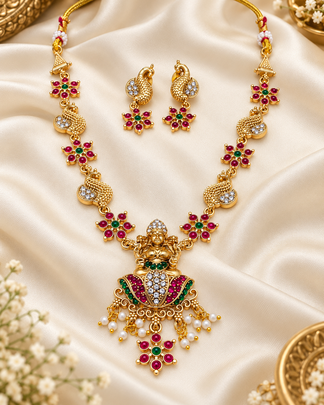 Goddess Lakshmi Pendant Peacock Temple Necklace Set