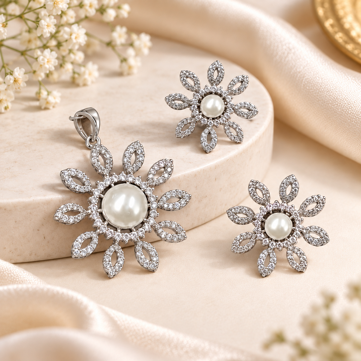 American Diamond Pearl Pendant Set with Matching Earrings For Woman & Girls