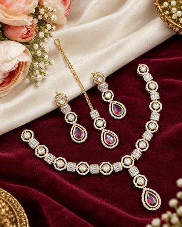 Elegant Teardrop Choker Set with Matching Tikka & Earrings