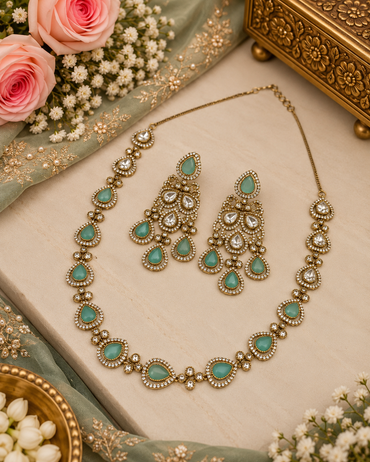 Delicate Heritage Kundan Necklace and Chandelier Earring Set