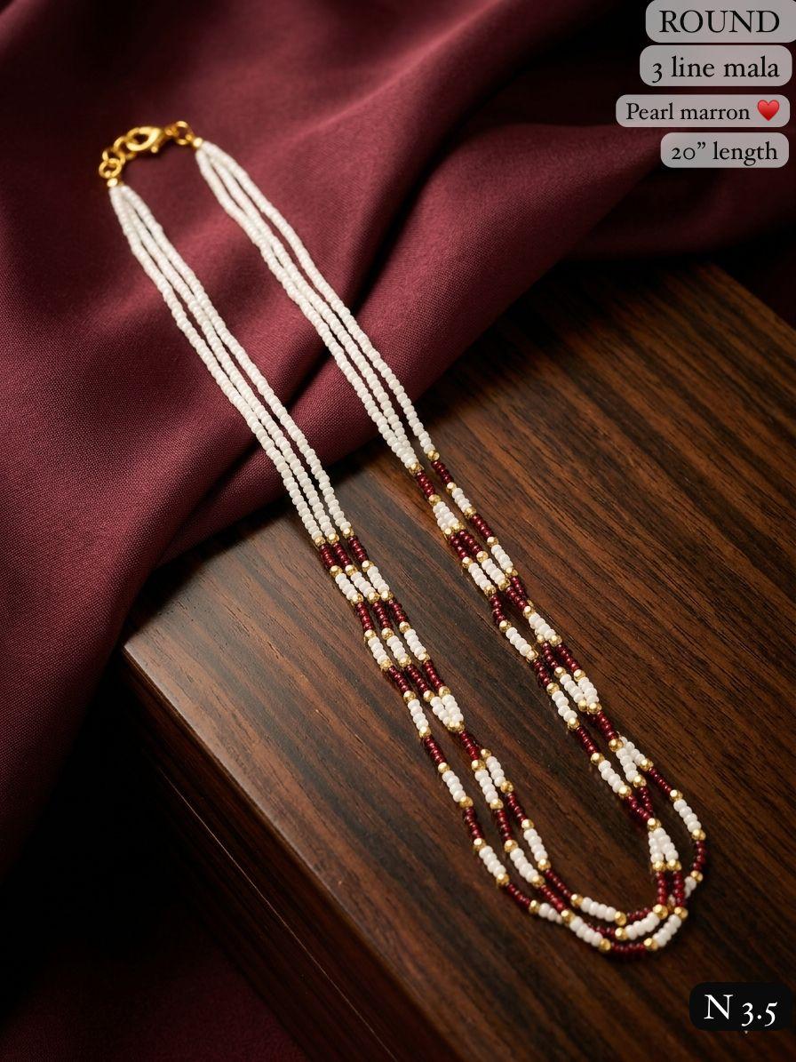 Elegant 3-Line Maroon & Green Bead Mala Necklace – 20" Lenght Festal Kantha Mala