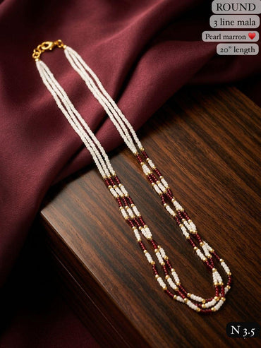 Elegant 3-Line Maroon & Green Bead Mala Necklace – 20" Lenght Festal Kantha Mala