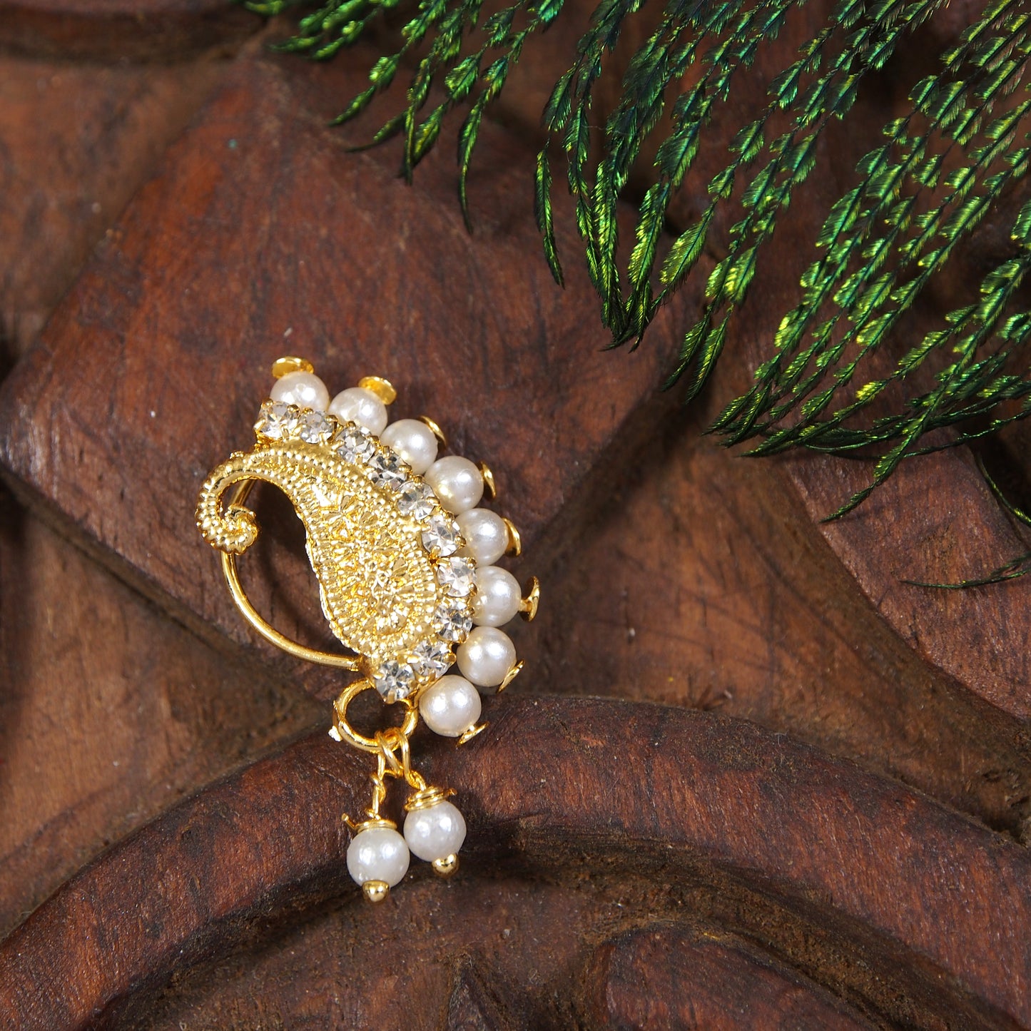 Traditional Pearl Nose Ring For Women Without Piercing Pearl Gold Plated Nath Nose Ring For Girls And Women