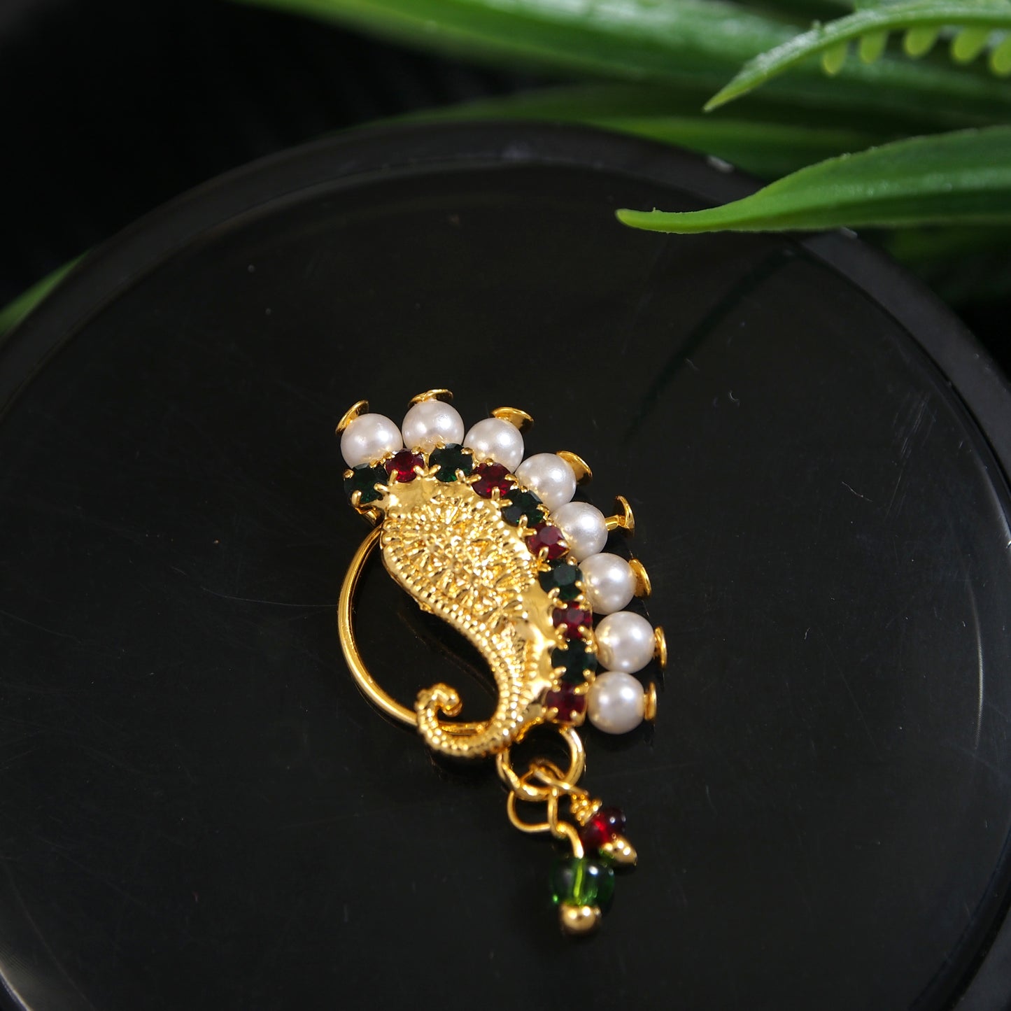 New Shining Gold Plated And Pearl Nath Non Piercing Stud For Women And Girl